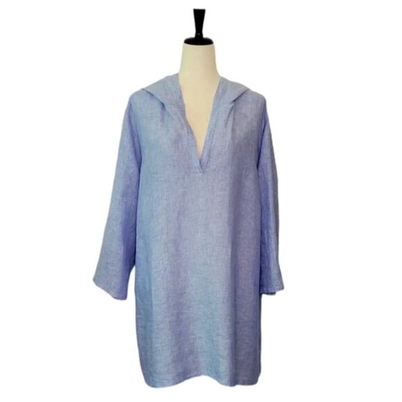 Tahari 100% Linen V-Neck Hooded 3/4 Sleeve Button Back Tunic Top Blue (Size 3X) - Picture 1 of 13